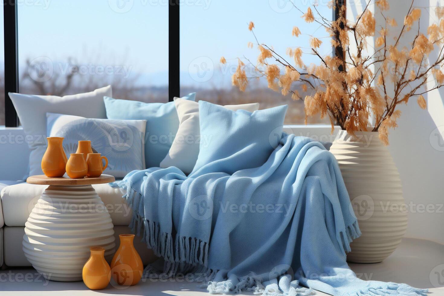 Light blue and orange interior with sofa by the window and desert view in the background. Copy space photo