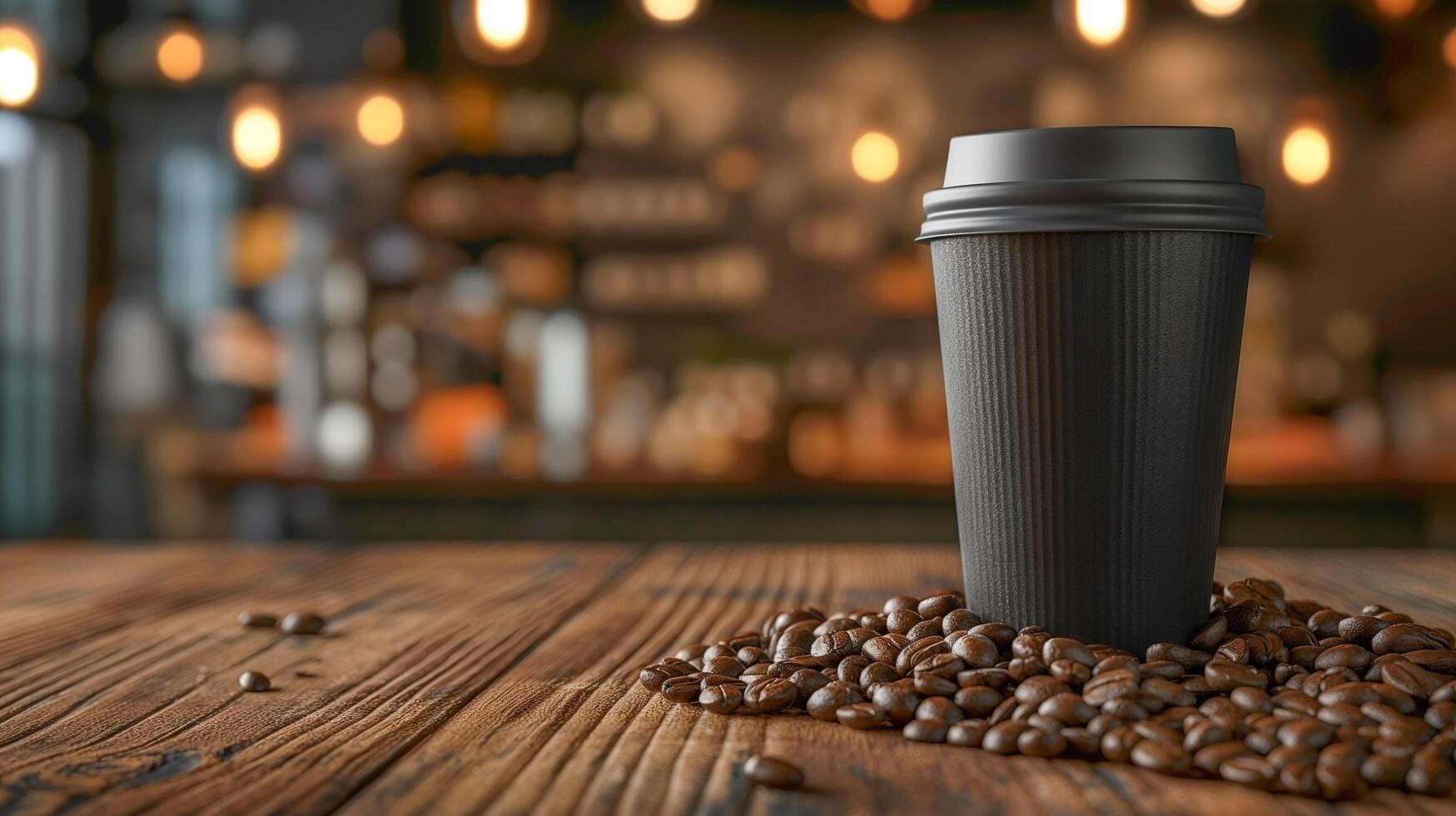 AI generated Reusable Coffee Mug on Wooden Table, Copy Space photo