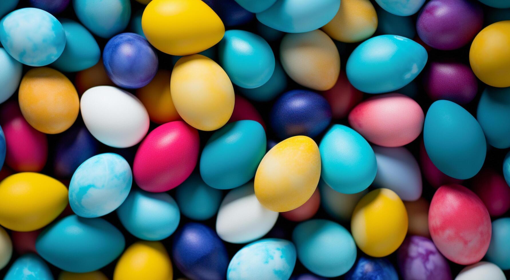 AI generated Easter colorful background Eggs. Top view. photo