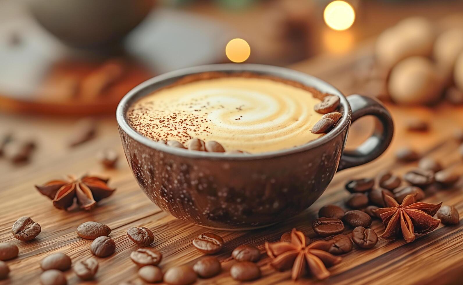 AI generated coffee with cinnamon and star anise on a wooden table photo