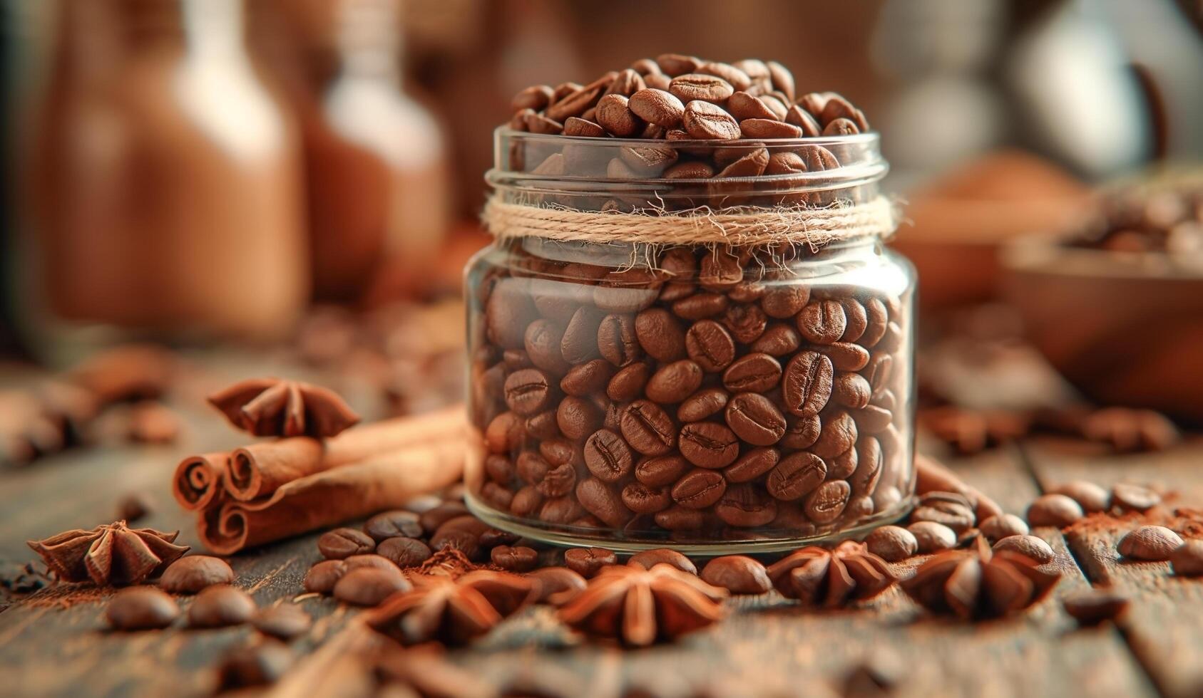 AI generated coffee beans in a jar on a wooden table photo