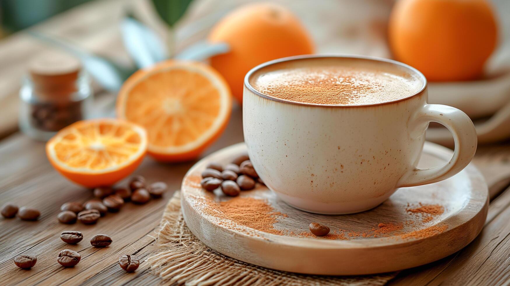 AI generated Cup with Cappuccino, Oranges, and Cinnamon photo