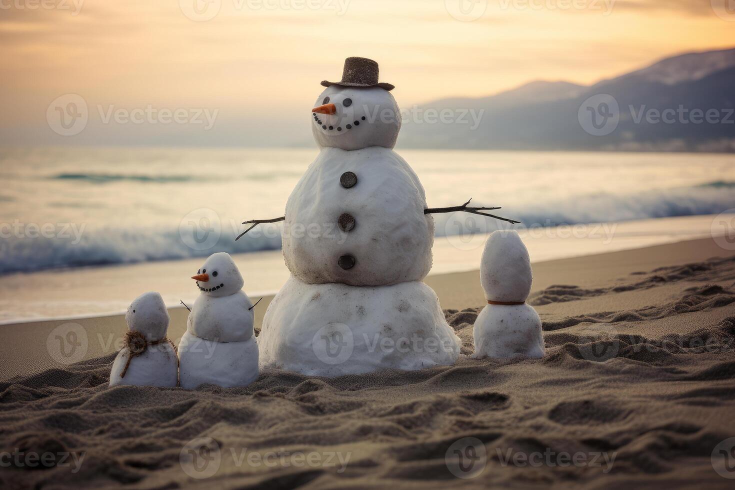 AI generated Tropical Snowman beach sunny. Generate Ai photo