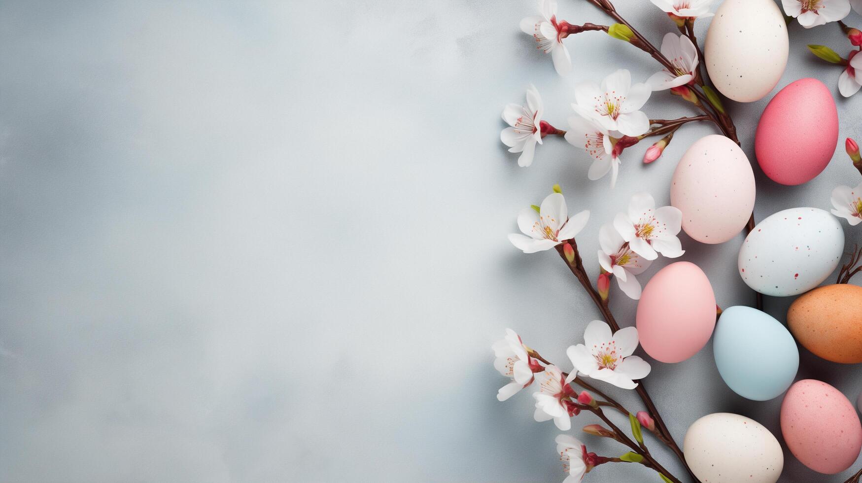 ai generado Pascua de Resurrección antecedentes con vistoso huevos y almendra ramas en primavera flores parte superior vista. foto