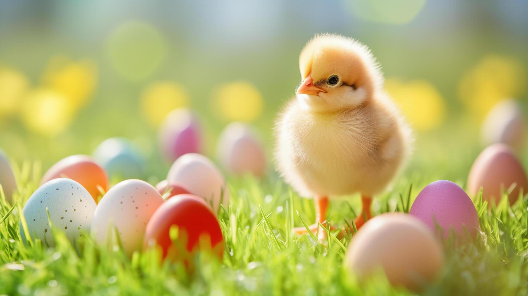 AI generated Happy Cute Easter Egger chick with colorful eggs and green grass. photo