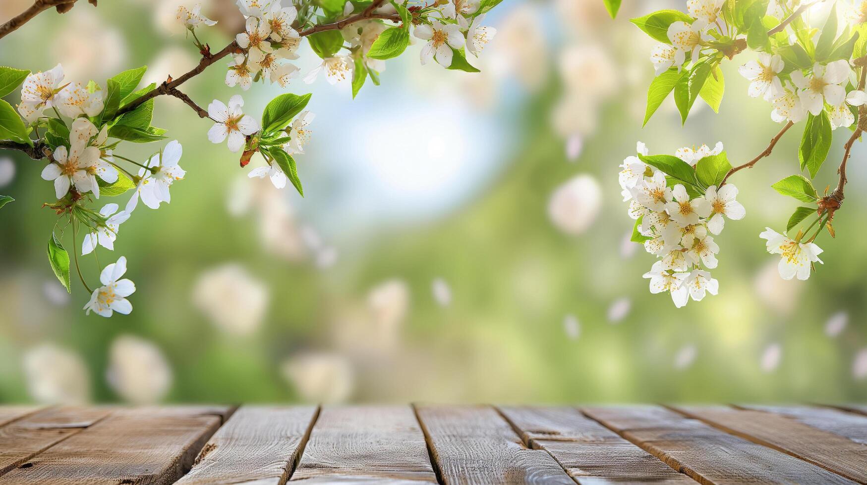 AI generated Spring background with flowering branches and wooden base photo