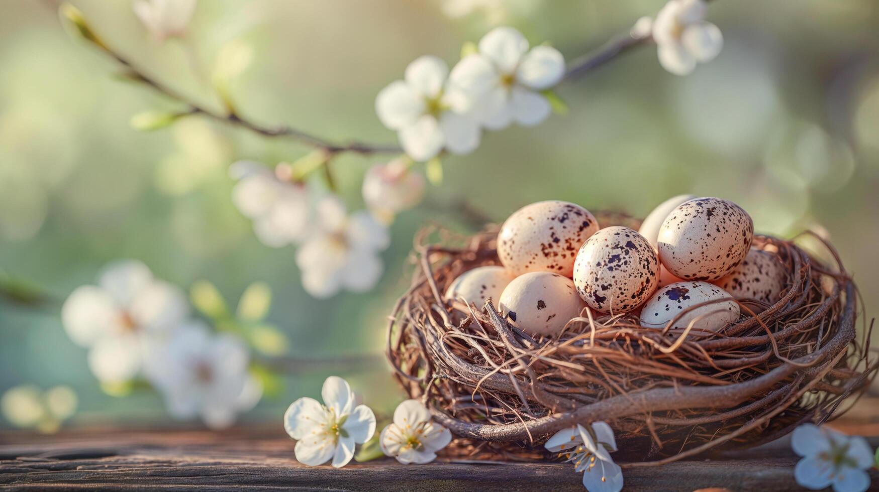AI generated Easter composition with quail eggs in a nest on wood, spring flowers. photo