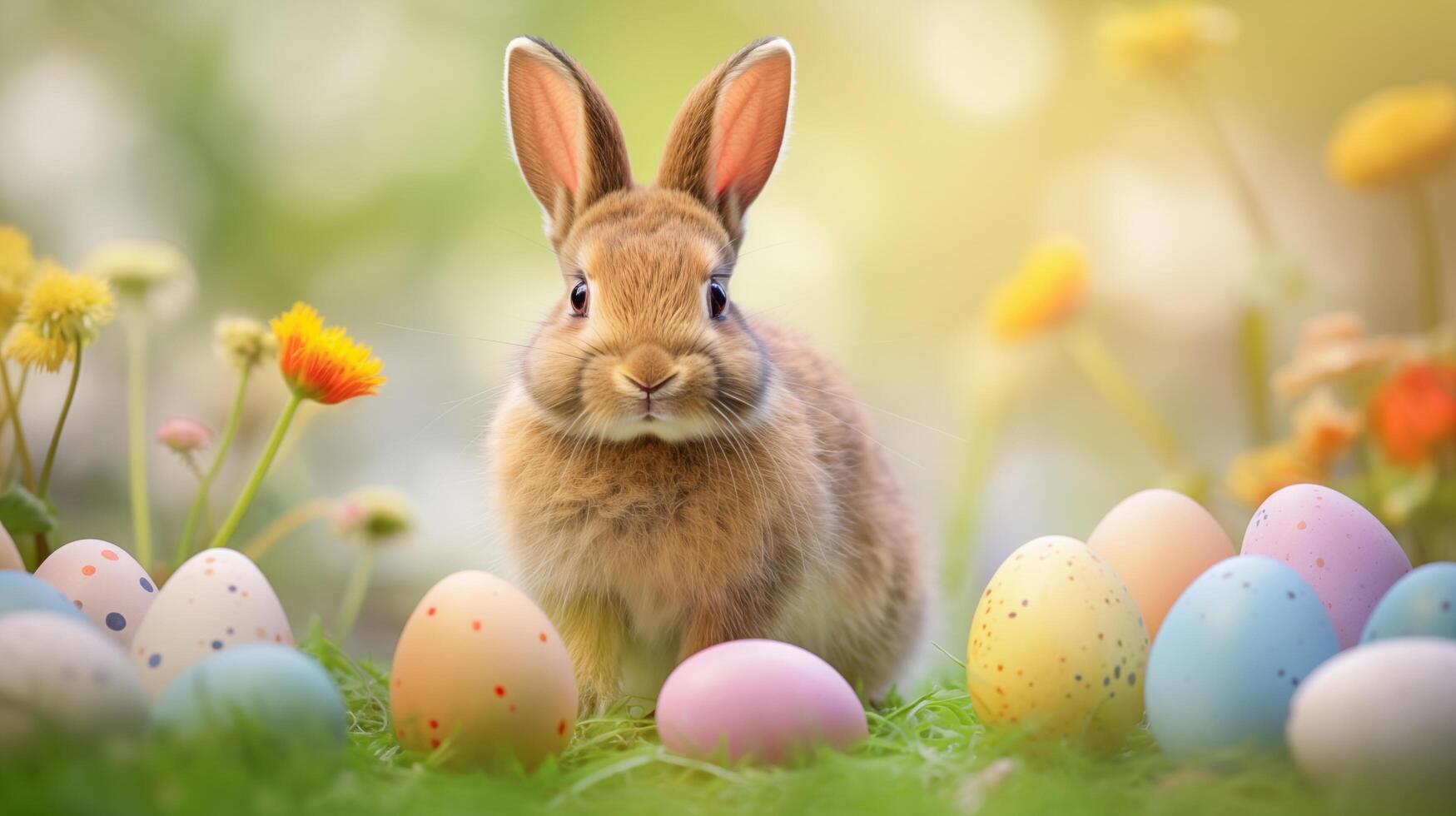 AI generated Brown rabbit with colored eggs in a blurry background. photo