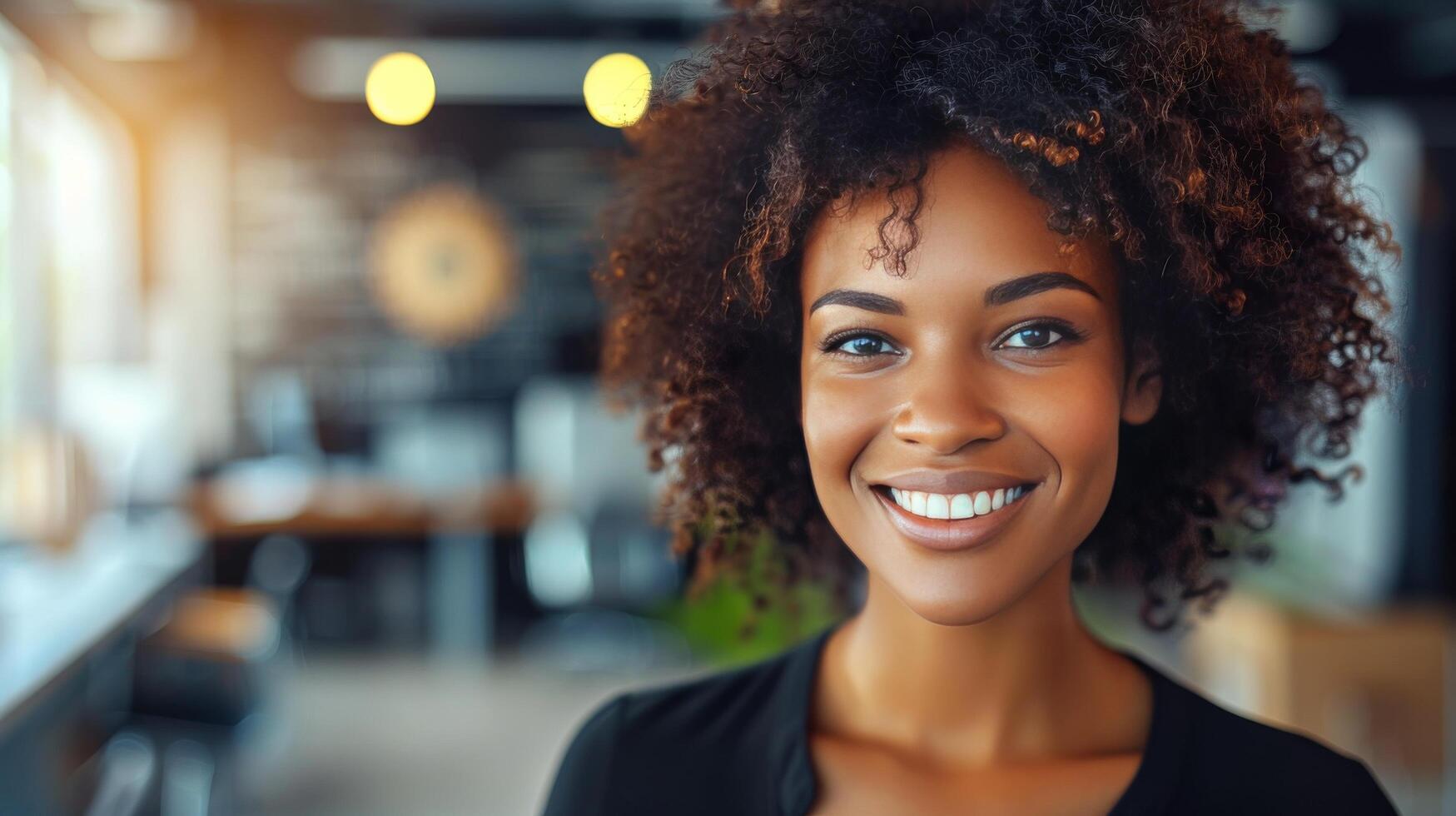 ai generado sonriente mujer con Rizado pelo foto