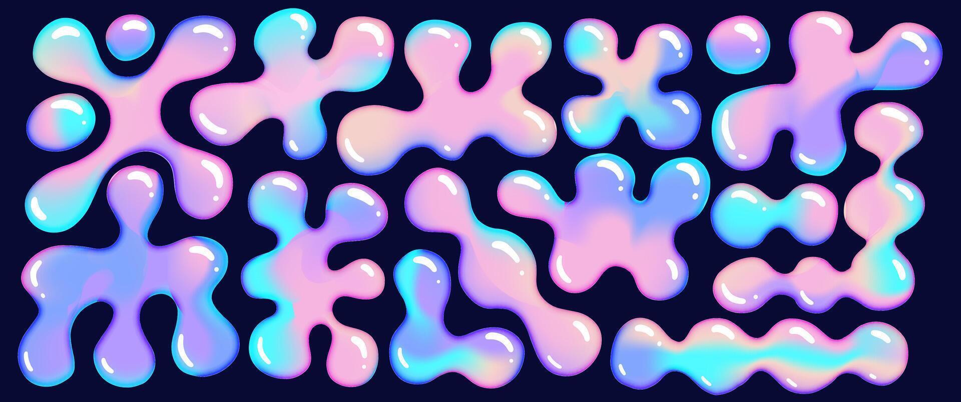 3D holo colors abstract liquid shapes set. Inflated slime objects. Realistic vector elements collection.