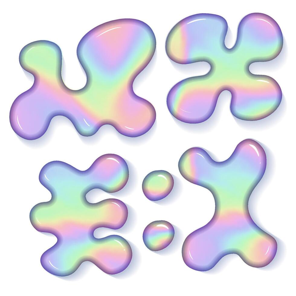 Set of abstract holographic liquid shapes. Collection of isolated liquid elements of vintage holo chameleon design blobs of shimmering colors. Modern abstract bright colorful paint splash. Vector
