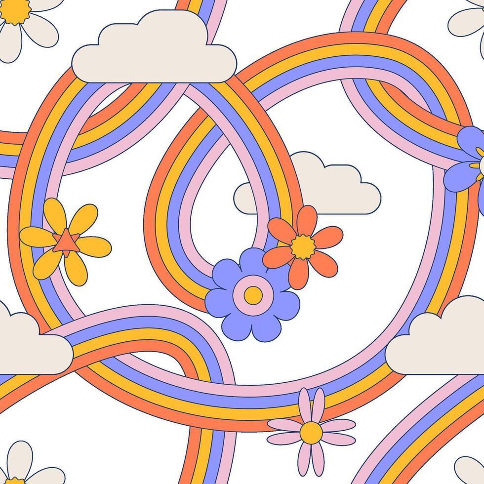 Groovy tangled rainbow with daisy flower, clouds seamless pattern. Hippie sky with daisies background. Bright summer skies surface design for nursery and baby fashion. Thin contour vector illustration