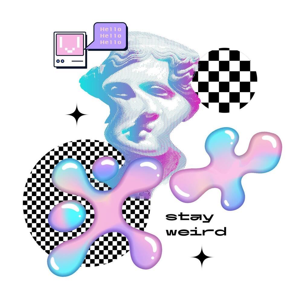 cyberpunk y onda de vapor estilo concepto de ondulado distorsionado antiguo escultura con neón líquido gotas y retro ordenador personal píxel elementos. de moda Moda impresión para camiseta. vector ilustración.