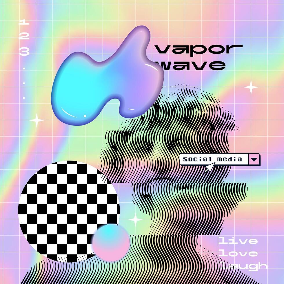 3D wavy halftone collage of ancient greek statue head in vaporwave 80s style. Concept of Academic art and classical fine arts in modern contemporary stylization. Vector illustration.