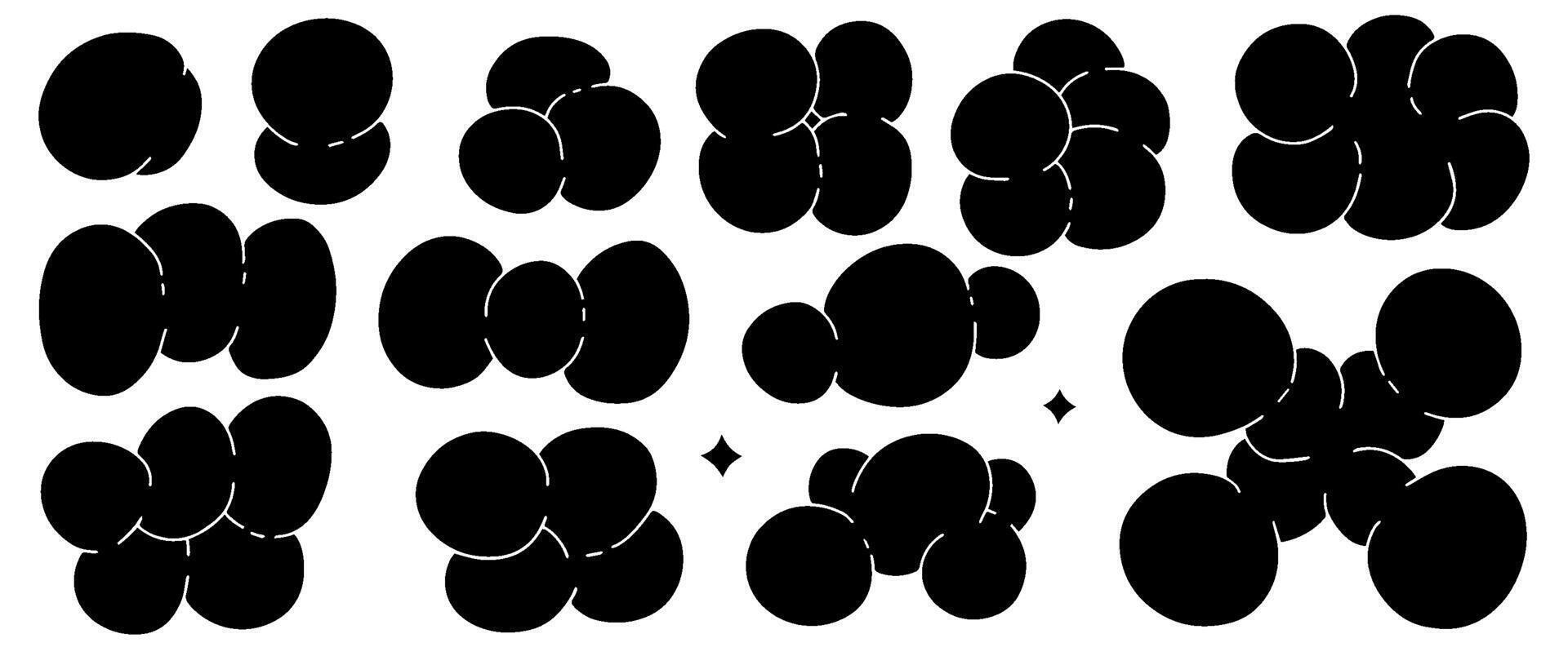 Abstract plural Bubble shapes sticker pack. Funky y2k organic elements icons in trendy retro hand drawn style. Cartoon graffiti vector illustration isolated on white background.