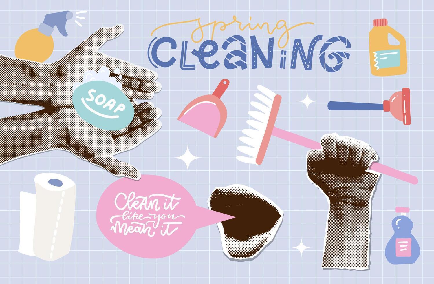 Trendy vintage halftone collage paper elements set of Cleaning concept. Hands holding soap, broom. Spring cleaning collection with funny lettering quote. Vector illustration