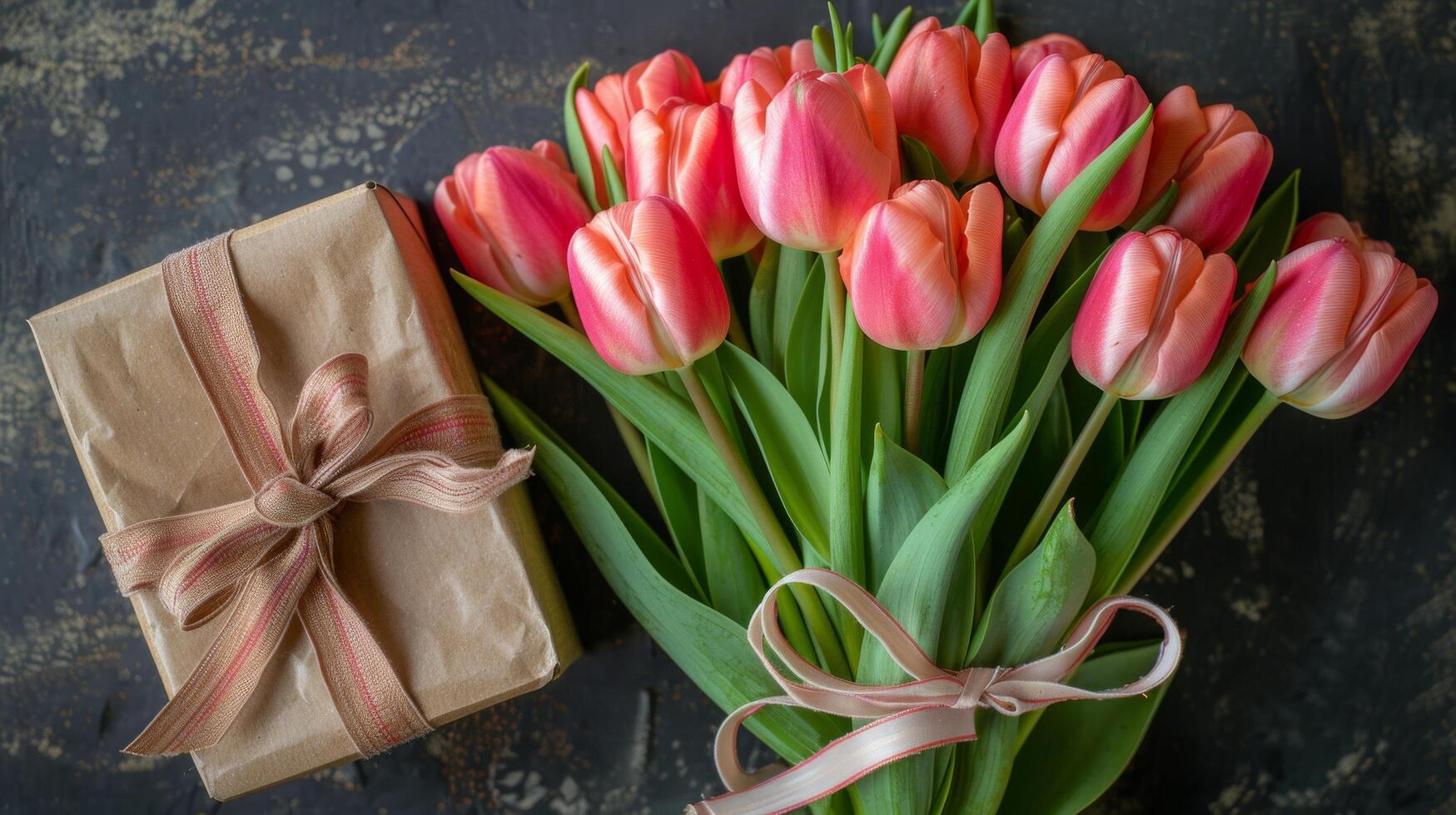 ai generado rosado tulipanes en regalo caja con rosado serpentinas foto