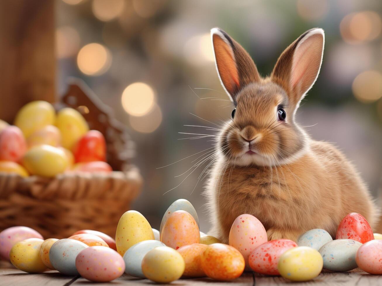 AI generated Brown rabbit with colored eggs in a blurry background. photo