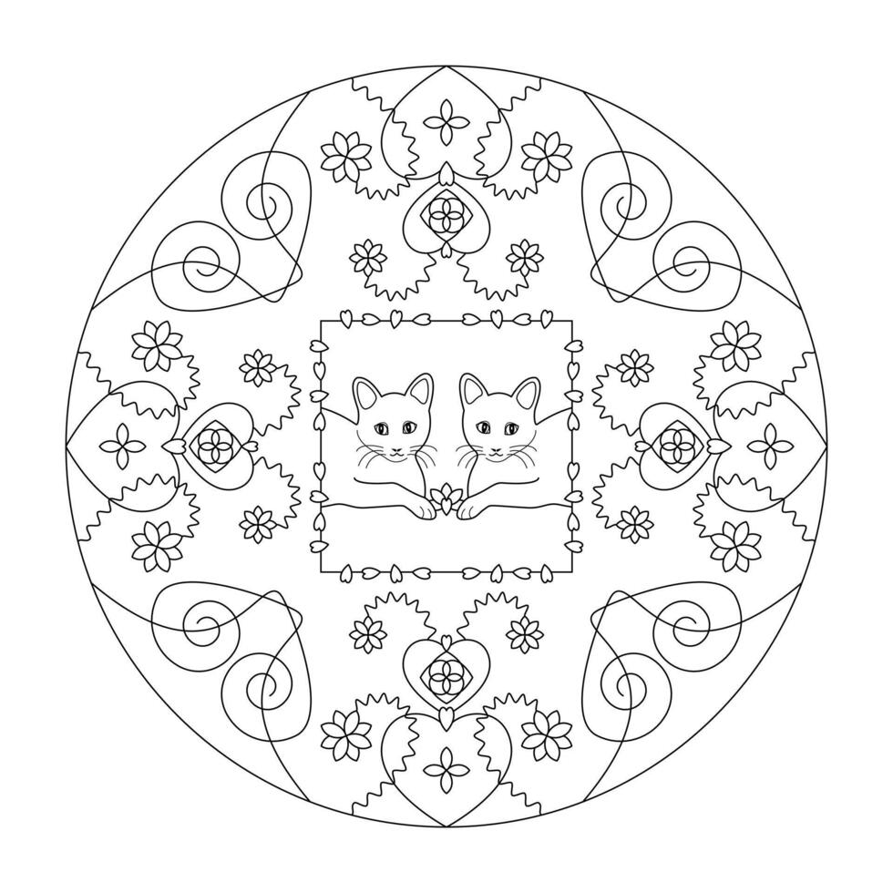 Cat Mandala with Hearts and Flowers. Coloring page. Art therapy. vector