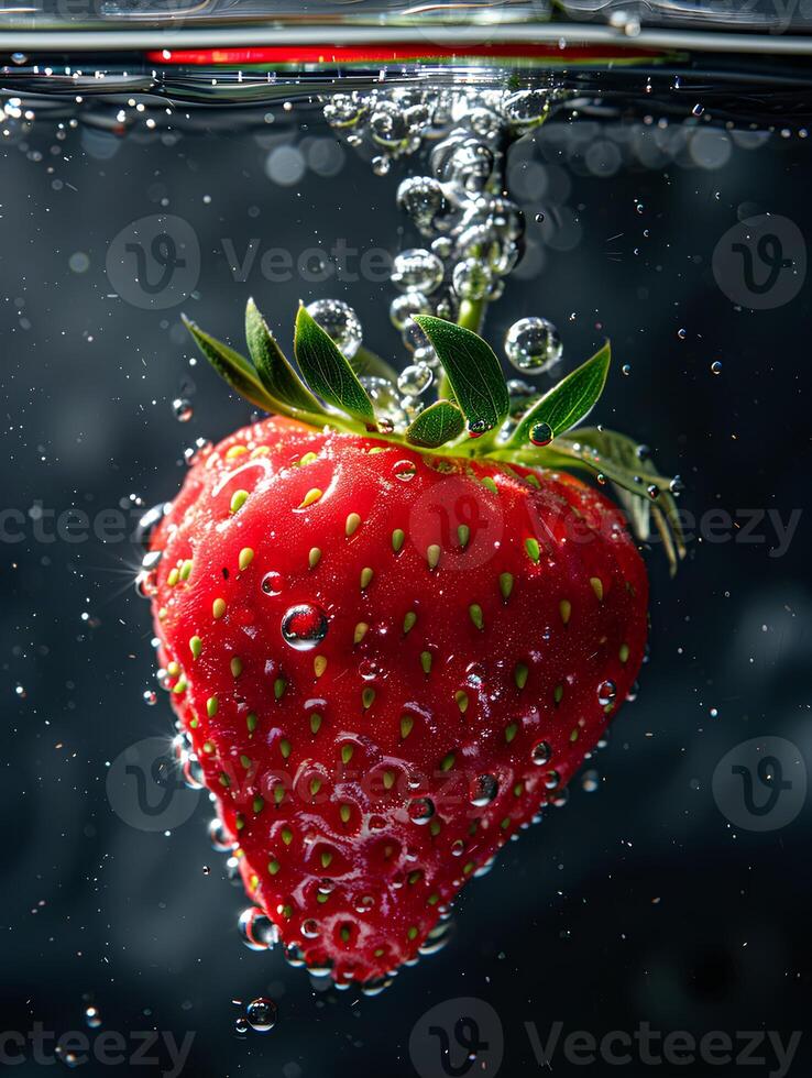 ai generado de cerca un de maduro 1 fresa, con agua gotas, que cae dentro un profundo negro agua tanque, submarino fotografía, contraste mejora, natural luz de sol filtración mediante agua foto