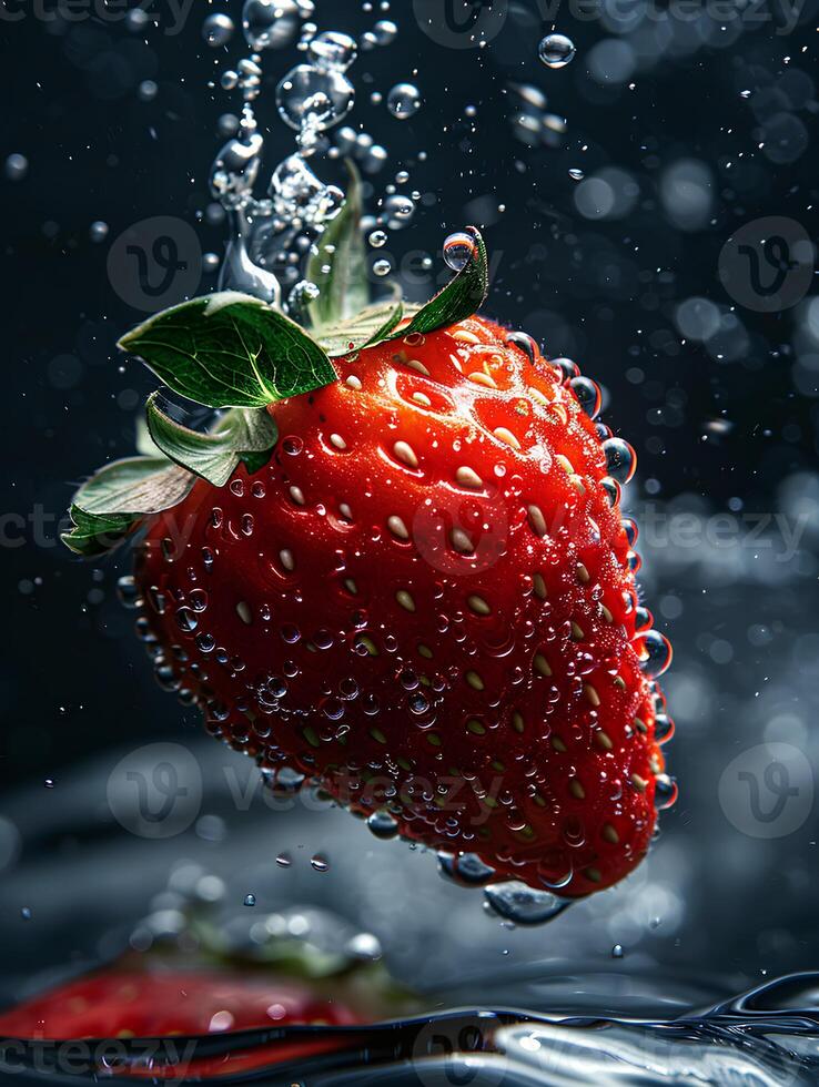 AI generated close-up A of ripe 1 strawberry, with water droplets, falling into a deep black water tank, underwater photography, contrast enhancement, natural sunlight filtering through water photo