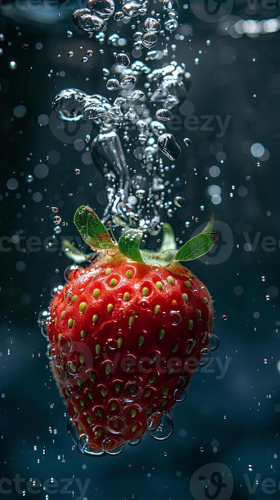 AI generated close-up A of ripe 1 strawberry, with water droplets, falling into a deep black water tank, underwater photography, contrast enhancement, natural sunlight filtering through water photo