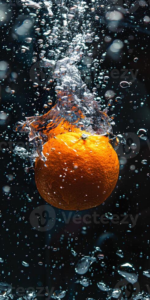 AI generated close-up A of ripe 1 orange, with water droplets, falling into a deep black water tank, underwater photography, contrast enhancement, natural slow motion capture, dynamic photo