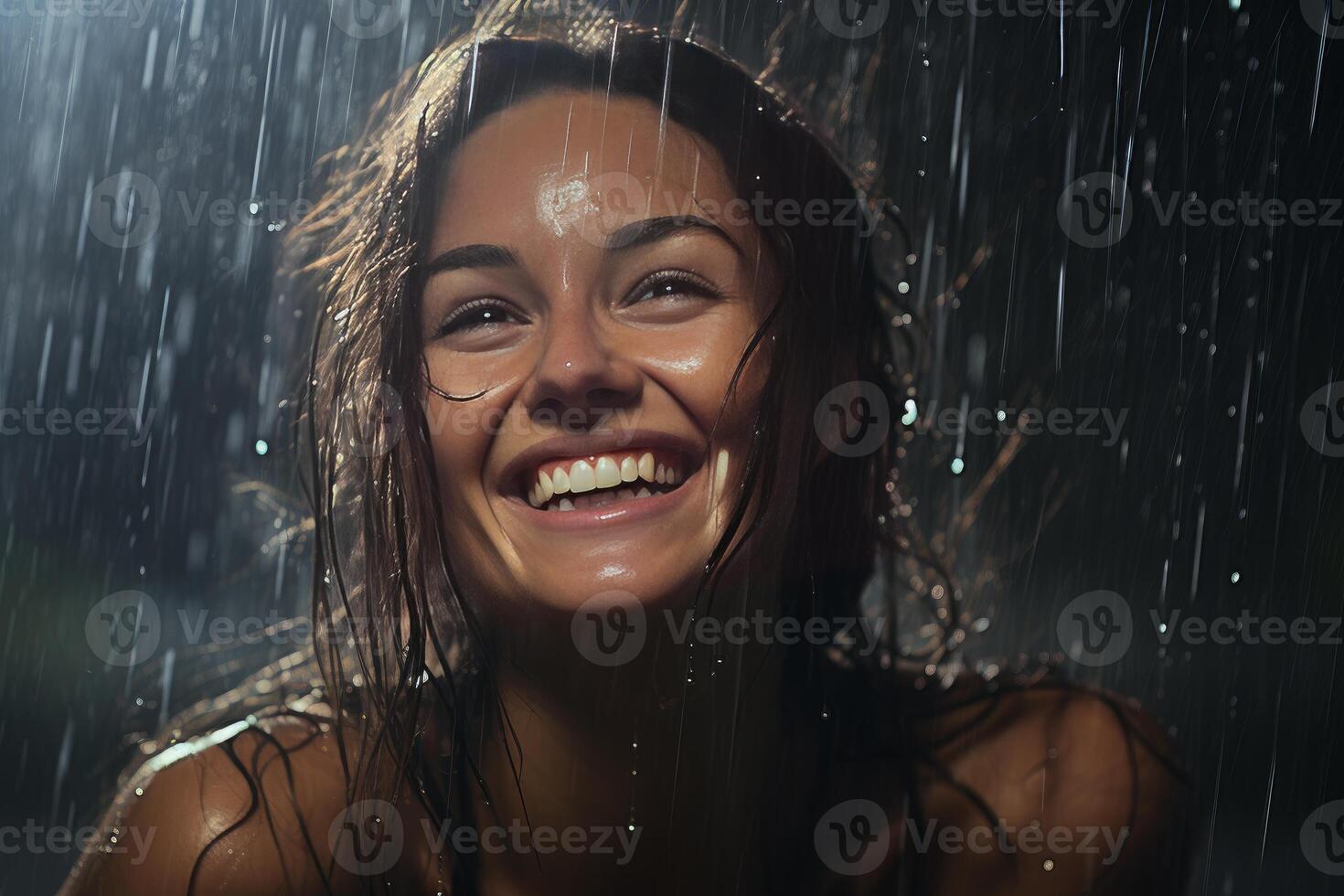 AI generated Soaking Smiling woman rain. Generate Ai photo