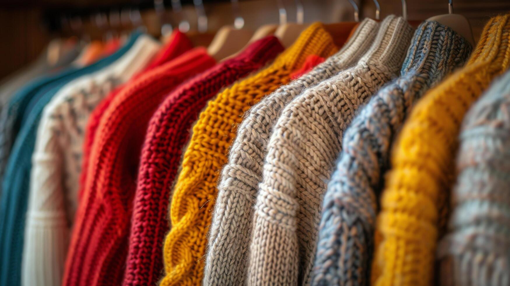 ai generado fila de suéteres en estante foto