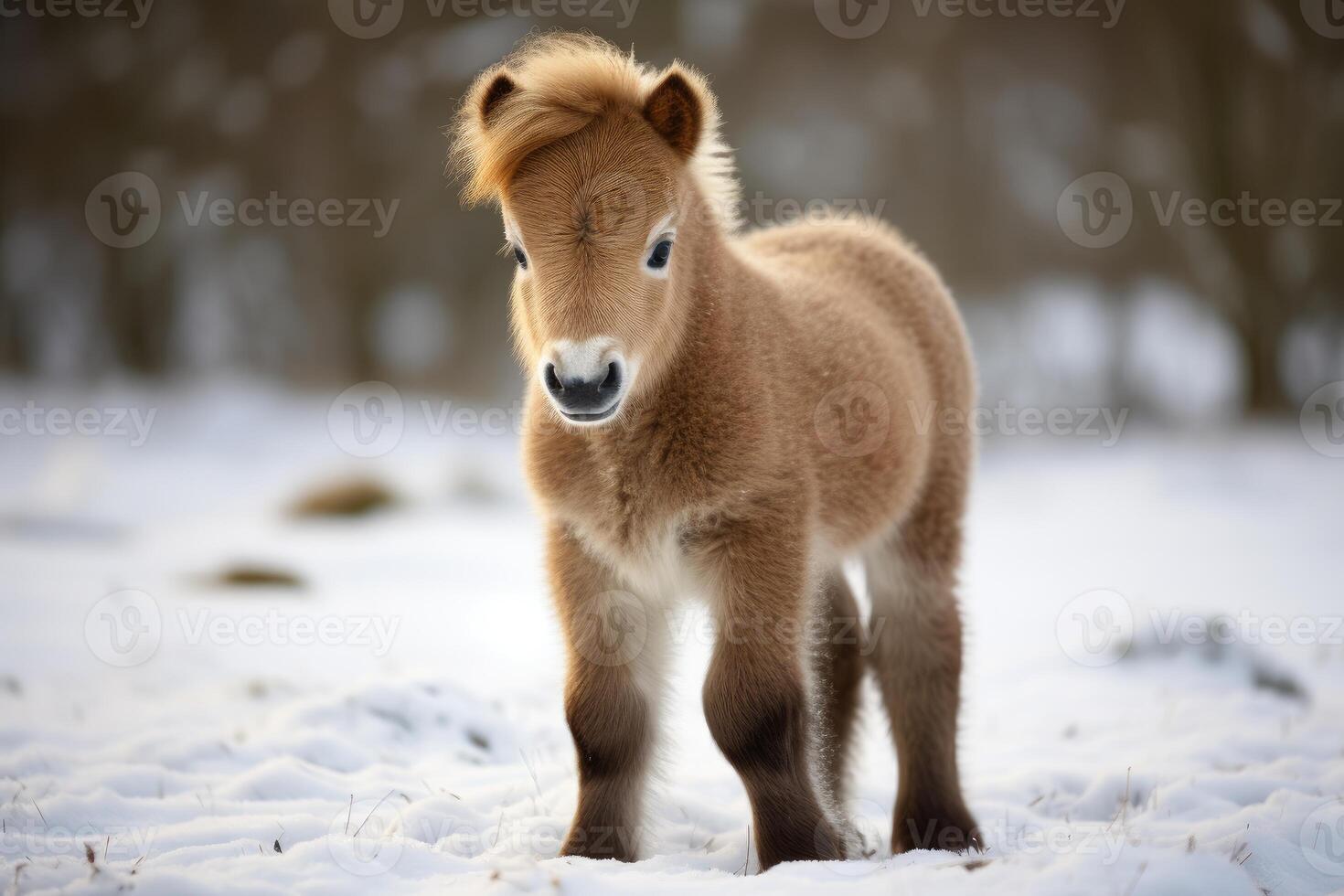 AI generated Miniature Pony foal winter field. Generate Ai photo