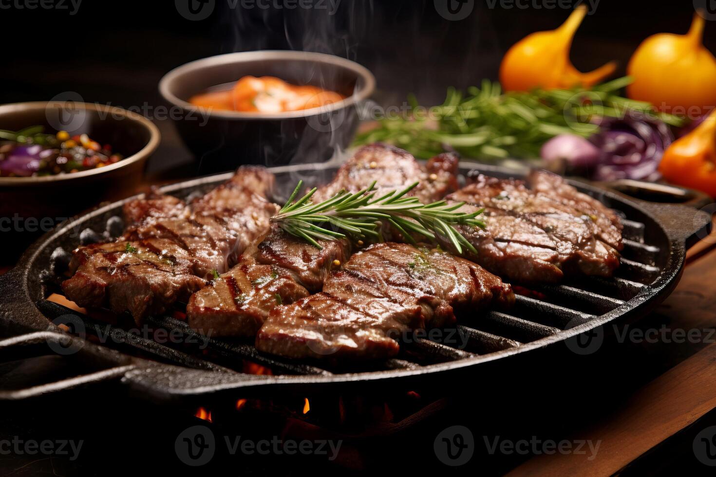 AI generated Aromatic Sizzling steak grill with herbs. Generate ai photo