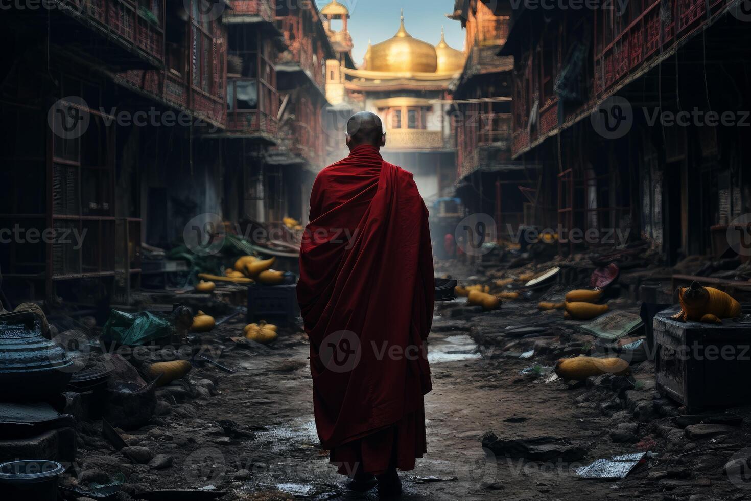 AI generated Serene Monk city walk. Generate Ai photo