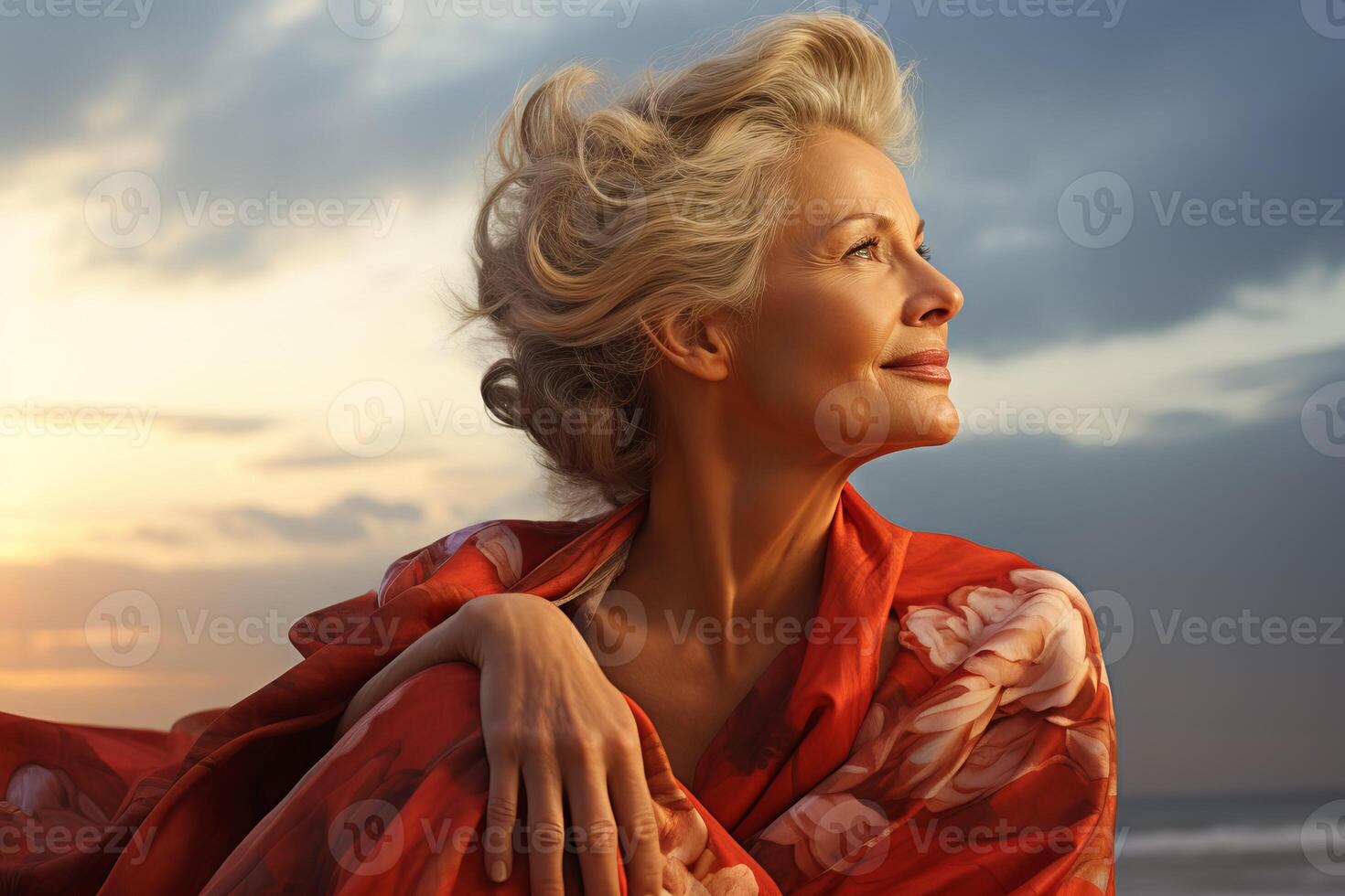 AI generated Mature woman beach. Generate Ai photo