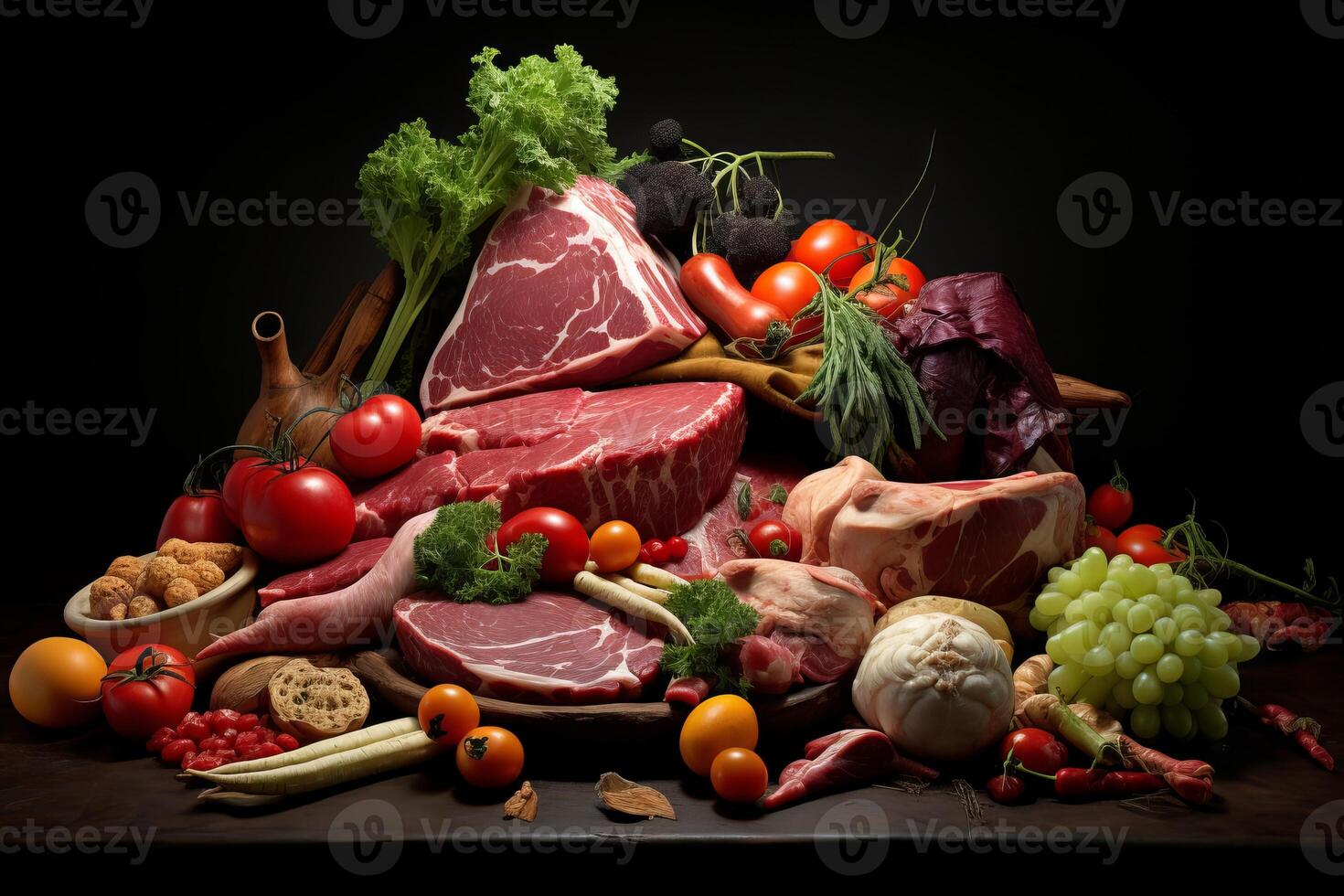 AI generated Fresh Raw meat vegetable food. Generate Ai photo