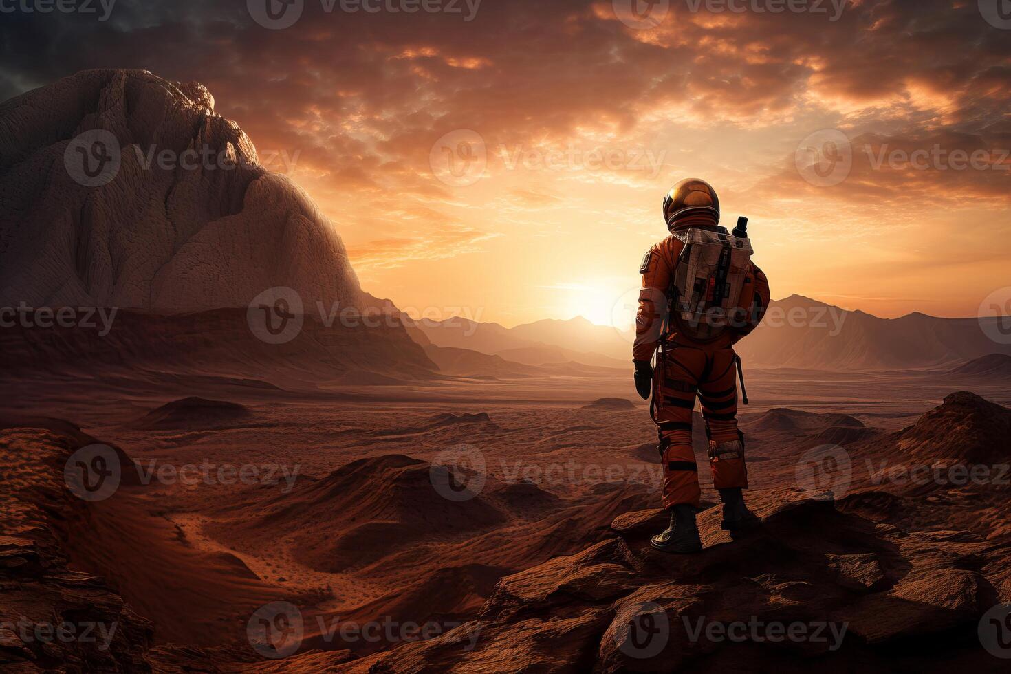 AI generated Astronaut mars looking rocky ground region. Generate Ai photo