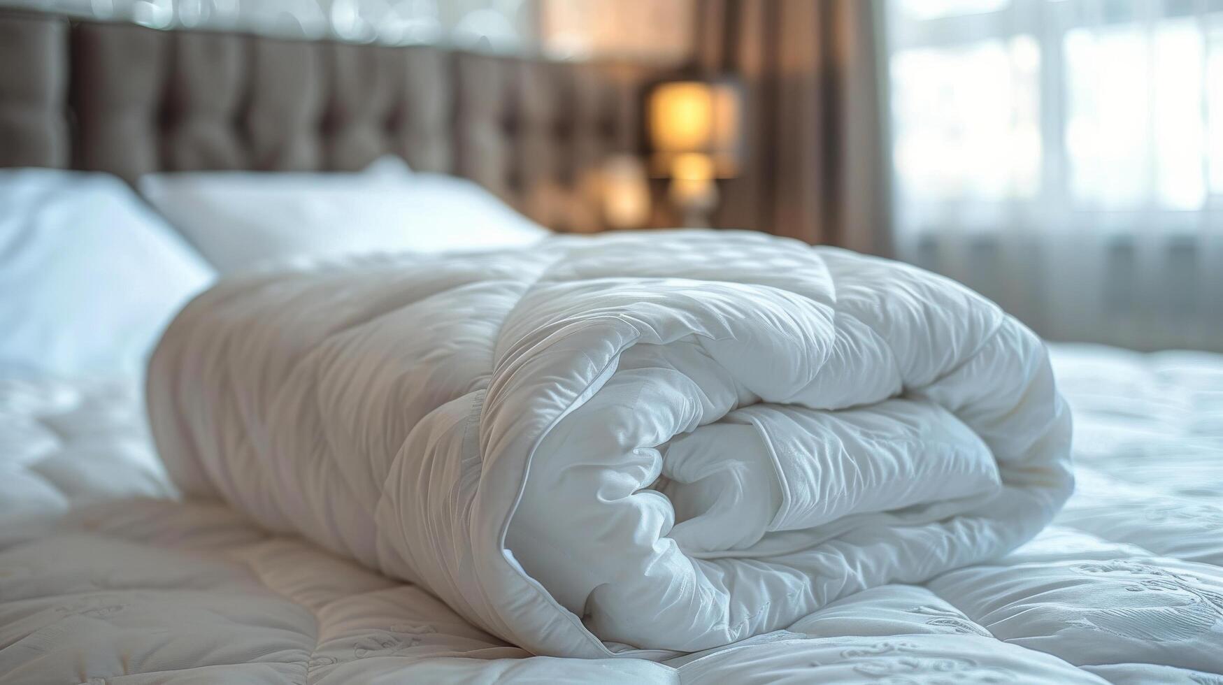 AI generated Unmade Bed With White Comforter photo