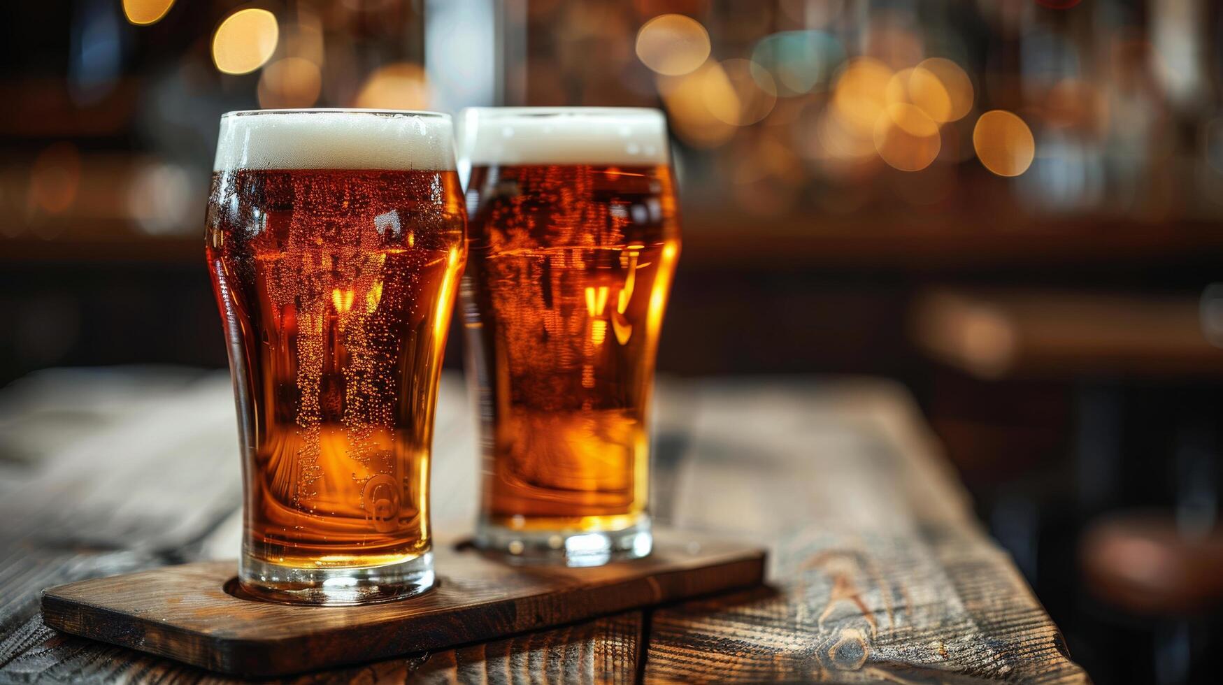 AI generated Two Glasses of Beer on Wooden Table photo