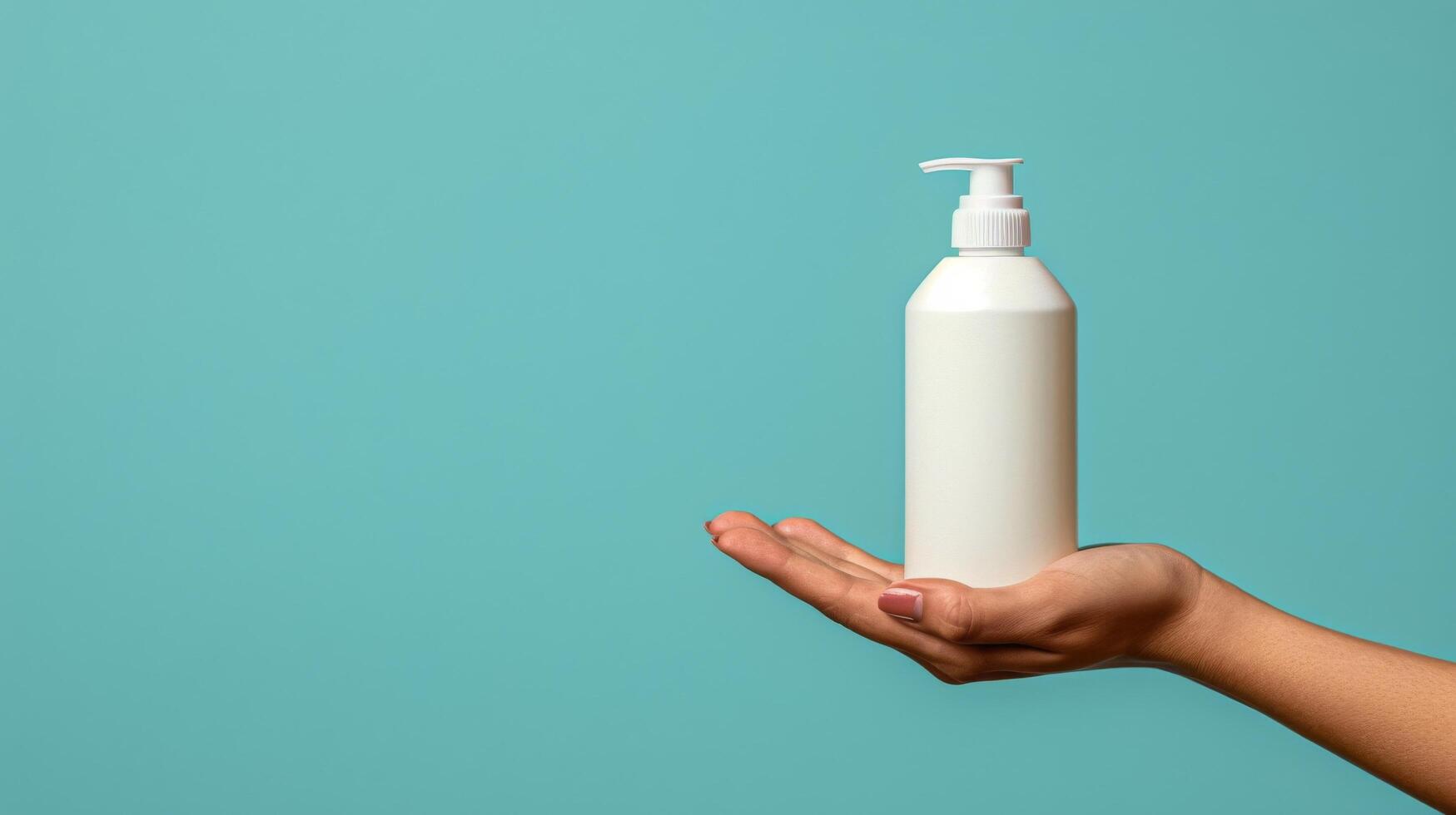 AI generated Hand Holding Soap Bottle on Blue Background photo