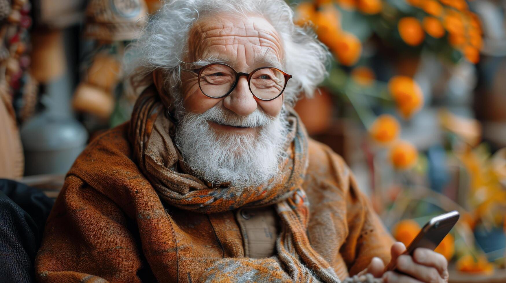 AI generated Elderly Man With Beard and Glasses Using Cell Phone photo