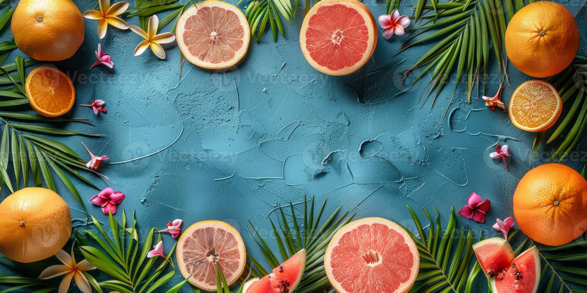 AI generated Creative layout made of tropical leaves, fruits and flowers on color background photo