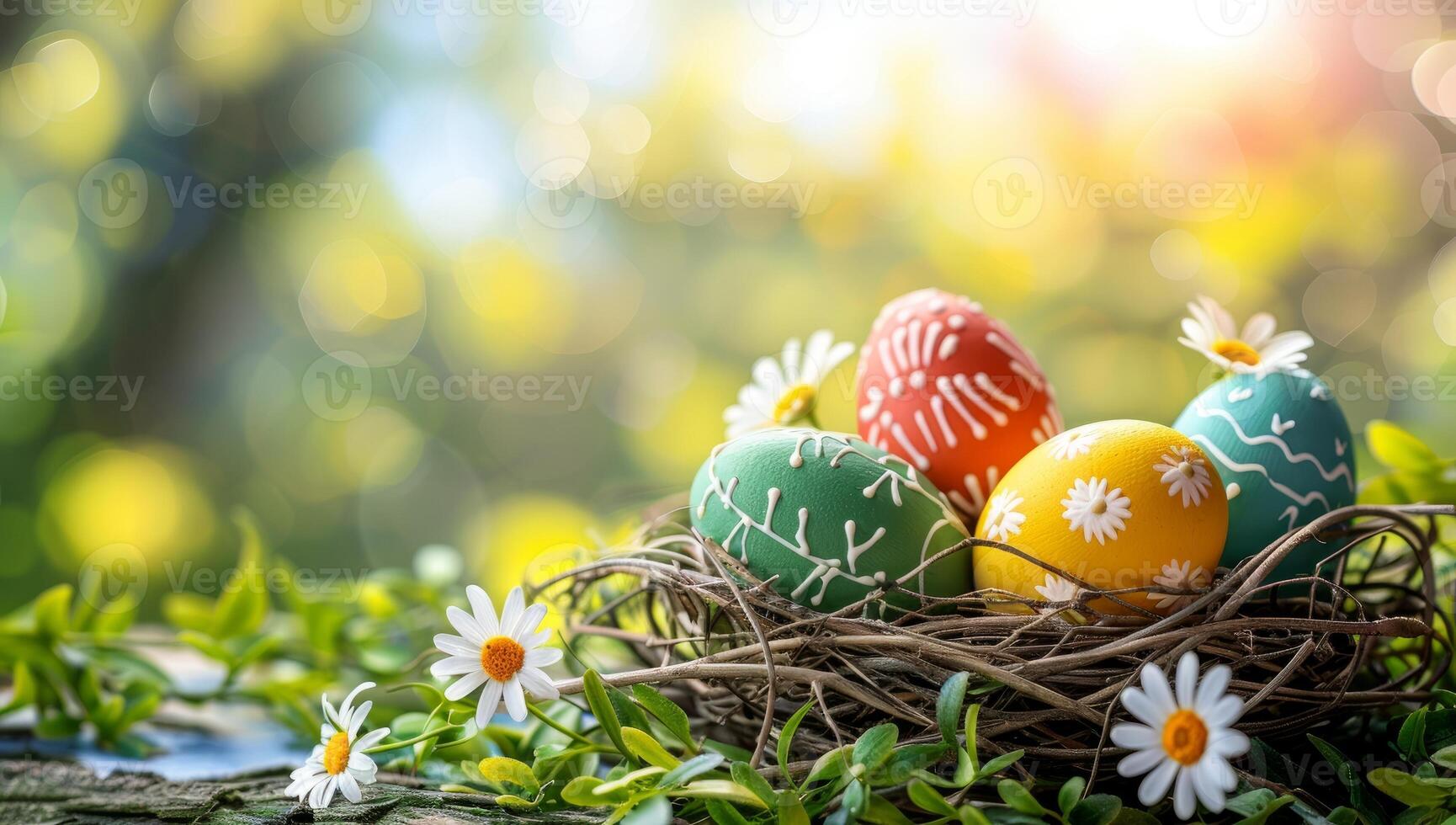 ai generado vistoso Pascua de Resurrección huevos anidado en aves nido rodeado por primavera margaritas concepto de primavera, naturaleza, Días festivos y renovación. foto