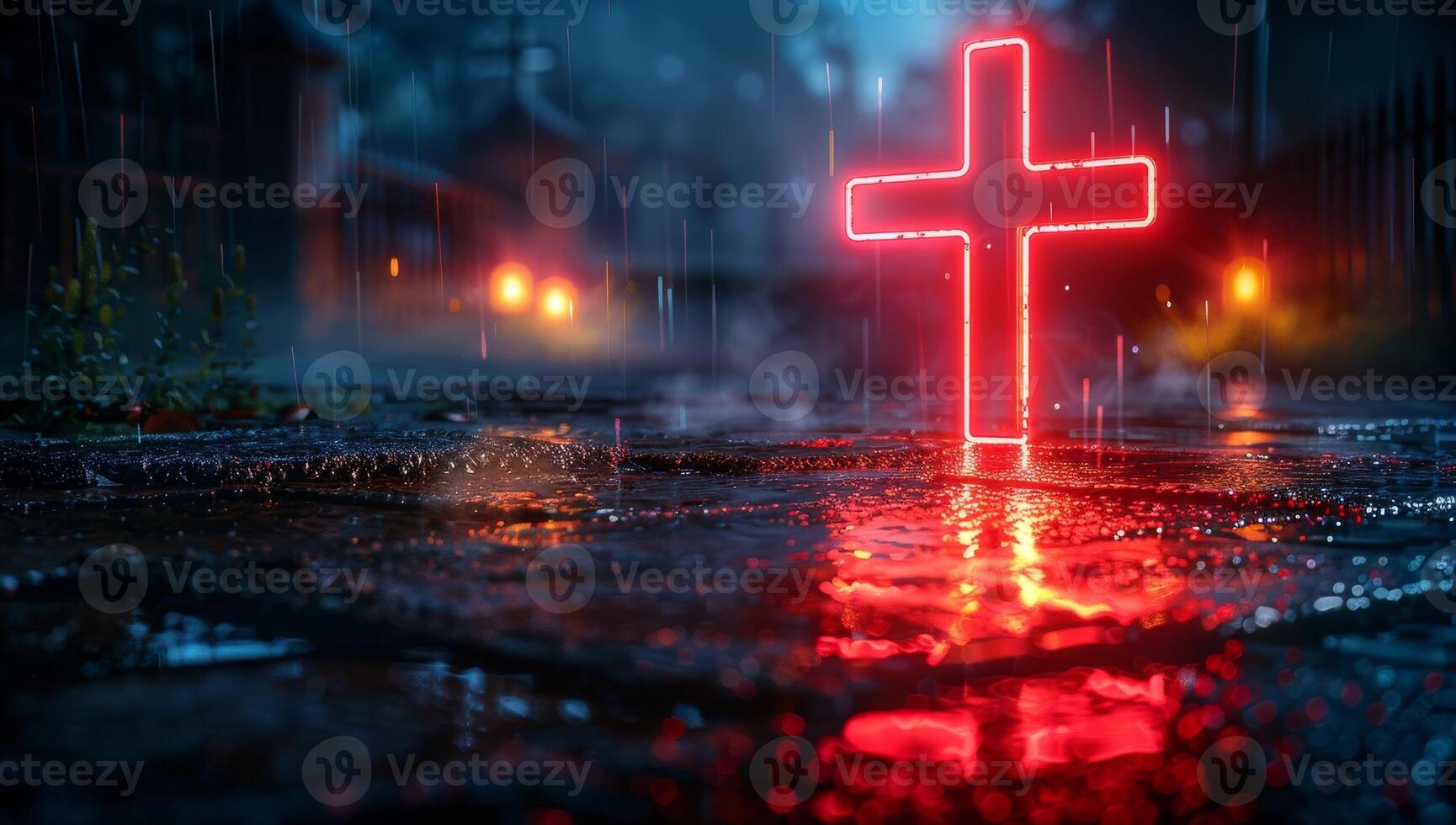 ai generado brillante rojo cruzar en mojado calle a noche. cristiano simbolos foto