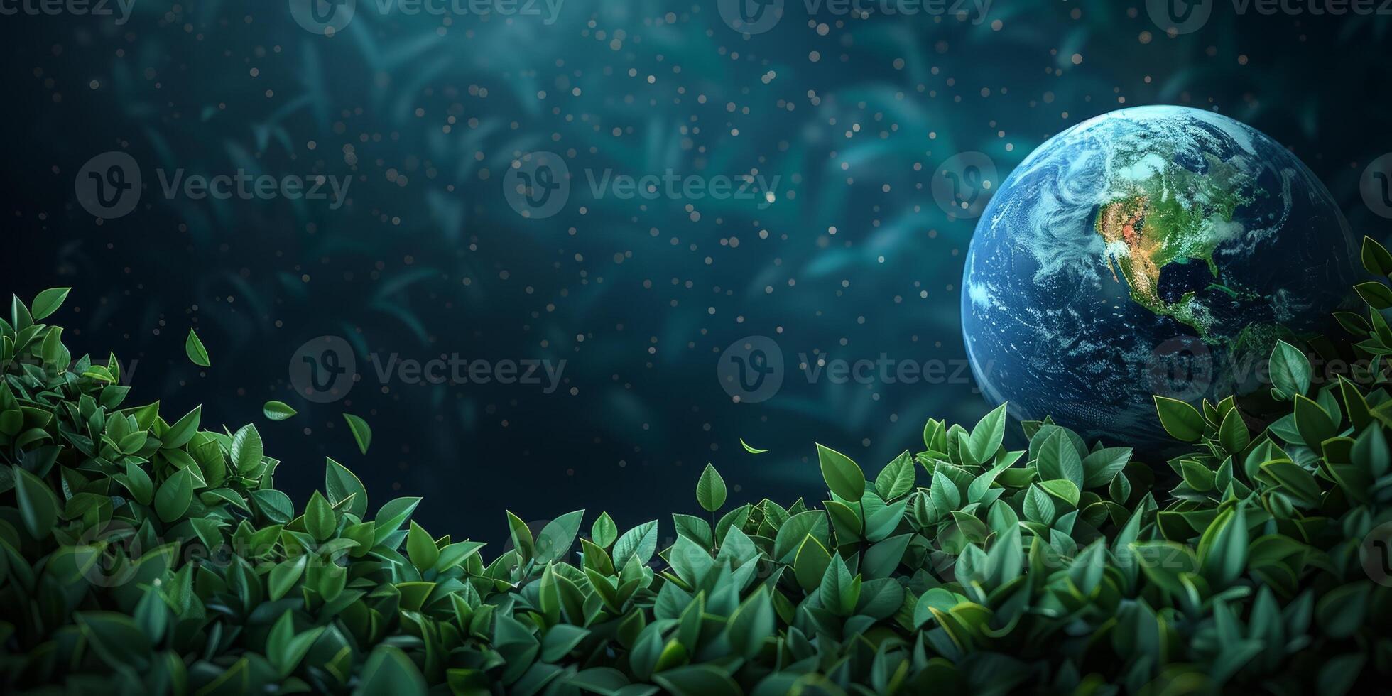 AI generated Planet Earth in cosmic space surrounded by lush green foliage. Concept of environmental conservation, sustainable living, and harmony between nature and the universe. photo