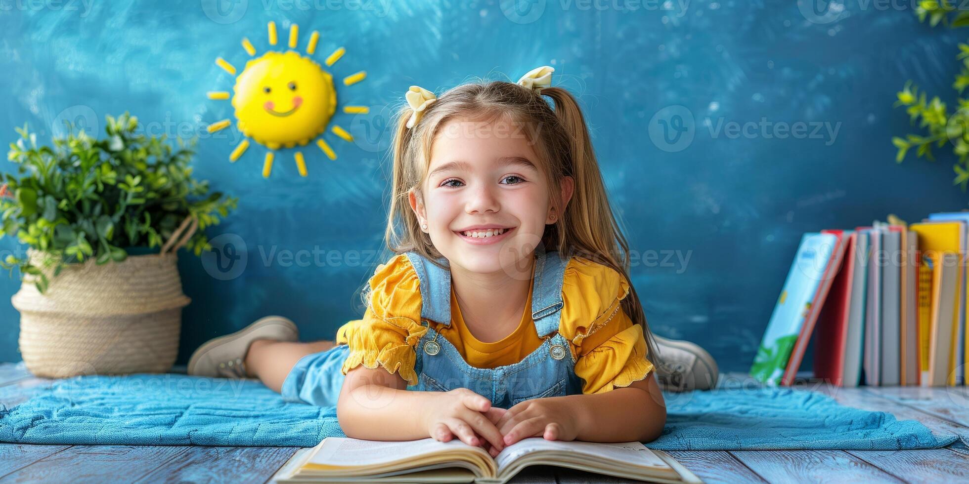 AI generated Smiling young girl reading book with sun and flower decor. Concept of childhood education, learning, and imagination. photo