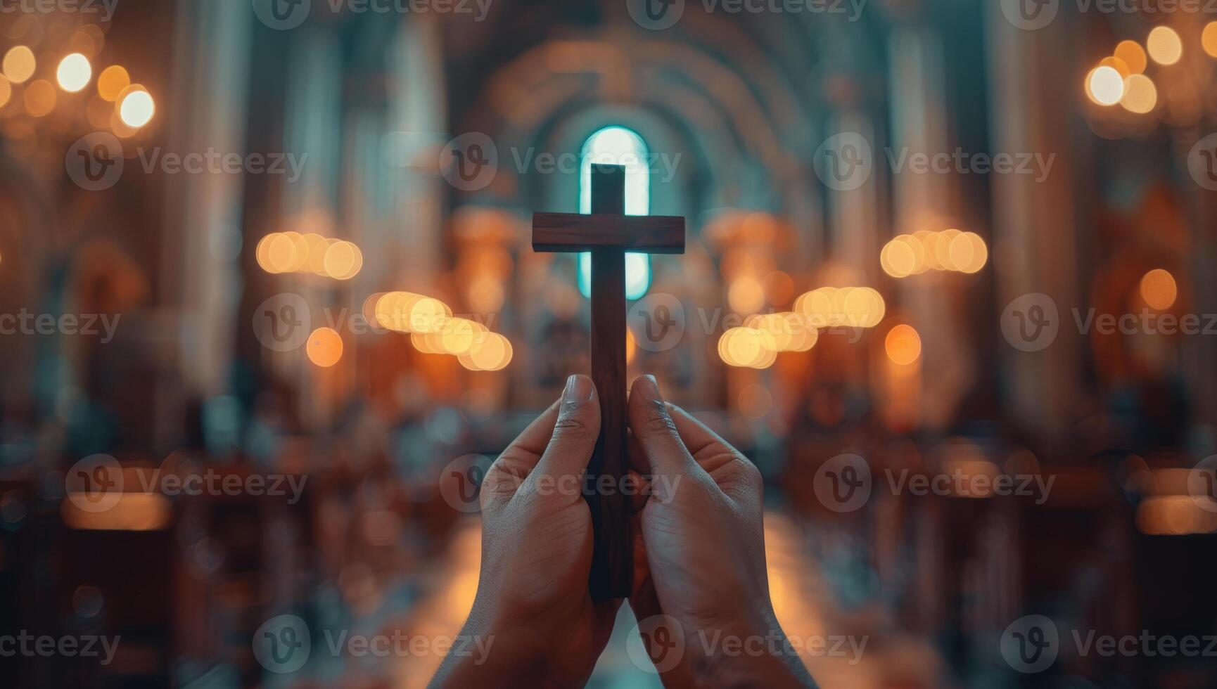 AI generated Hands holding a cross in a church. Christian religion concept. photo