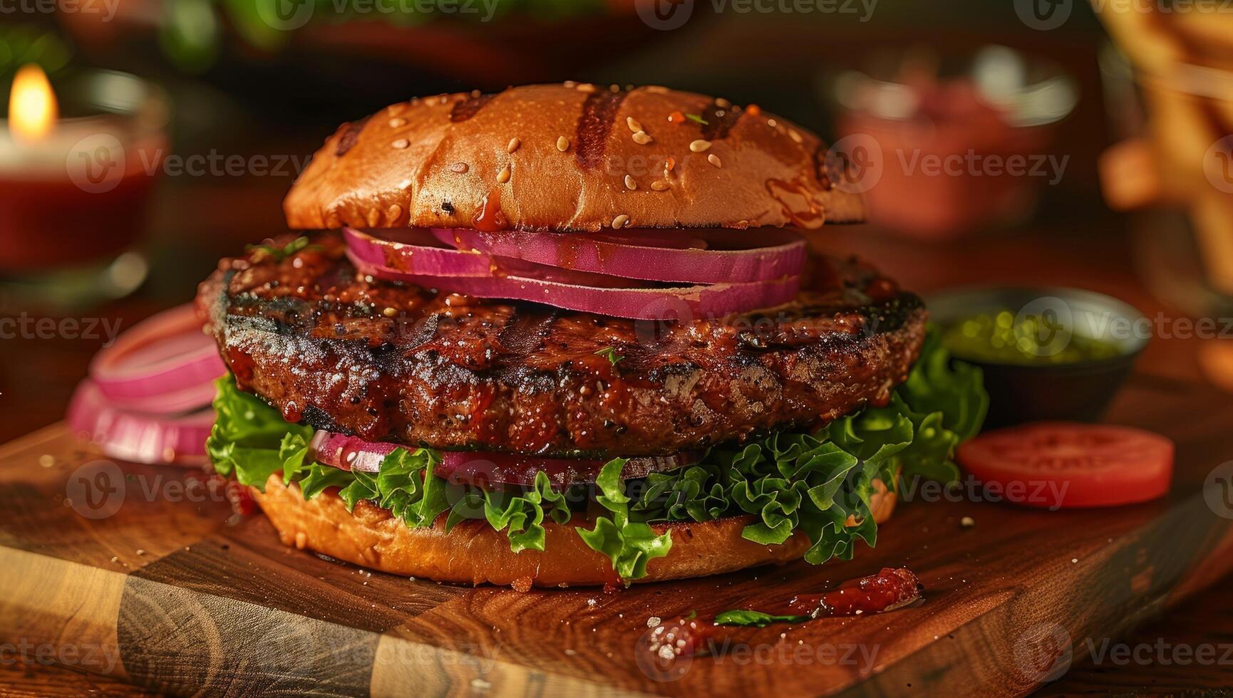 AI generated Close up of a delicious hamburger on a cutting board, with lettuce, tomato, onion, and cheese. The burger is made with grilled beef and is served on a sesame seed bun. photo