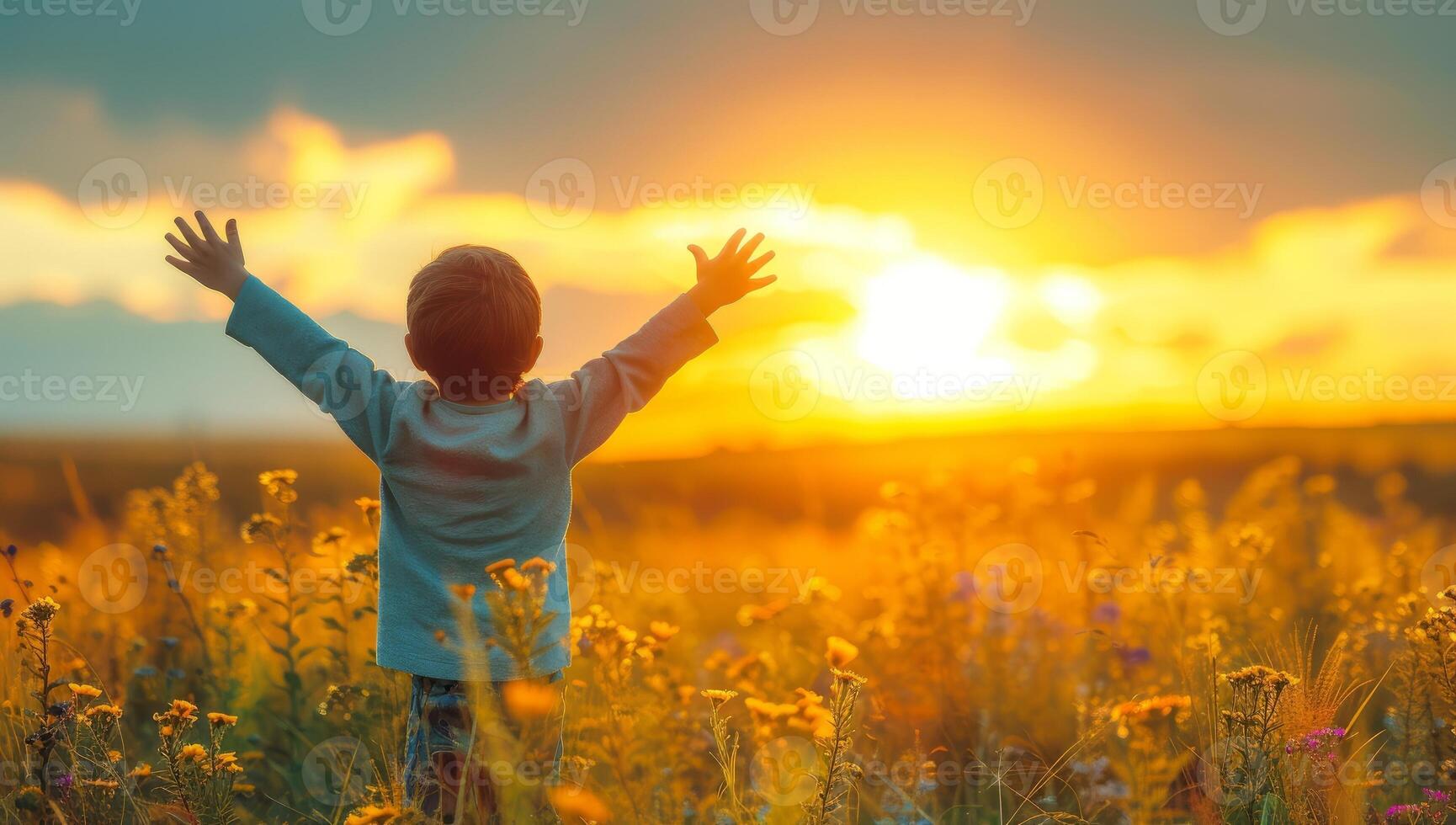 AI generated Little boy standing in a field of flowers with his arms raised in the air, enjoying the sunset. Concept of freedom, happiness, and nature. photo