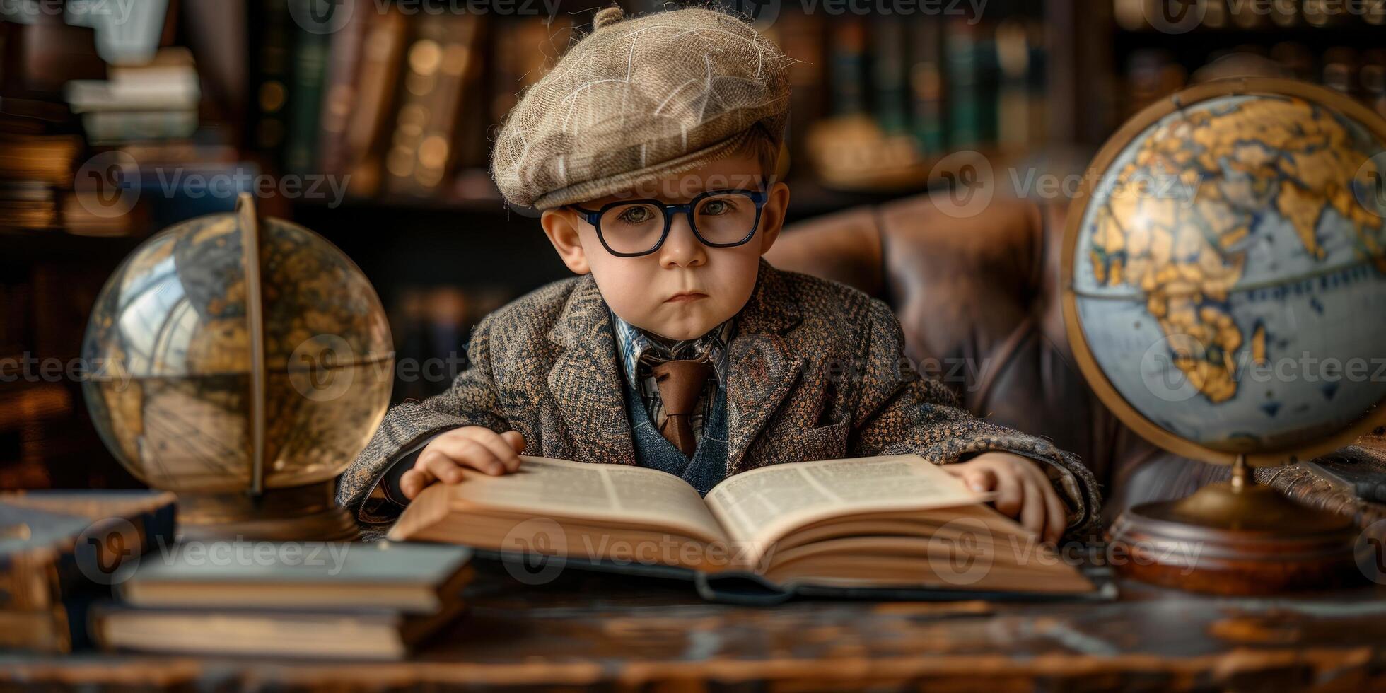 AI generated Portrait of a little boy in a hat and glasses reading a book. photo