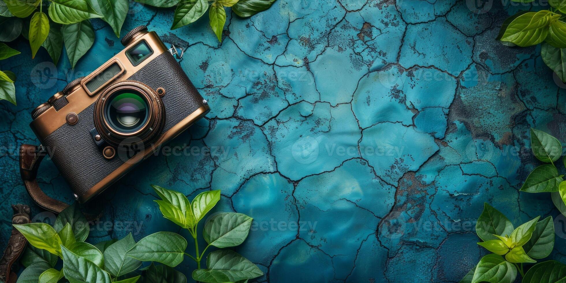 AI generated top view of retro camera and green leaves on cracked blue background with copy space photo