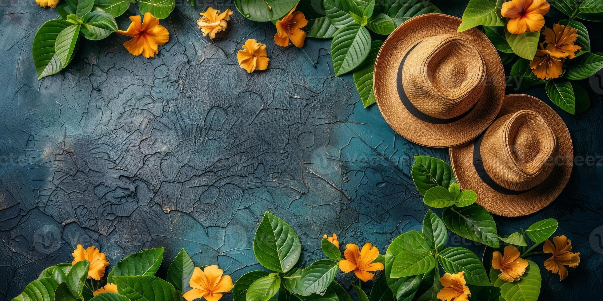 AI generated Summer background with tropical leaves, hat and flowers. Top view with copy space photo